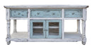 Aruba 70" TV Stand in White Finish, w/3 sky blue drawers and 2 sky blue doors